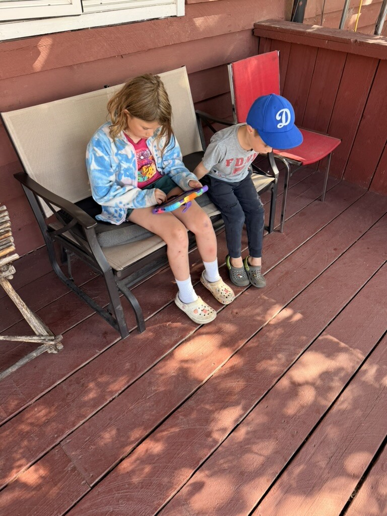 Two children sitting together on the cabin porch before leaving