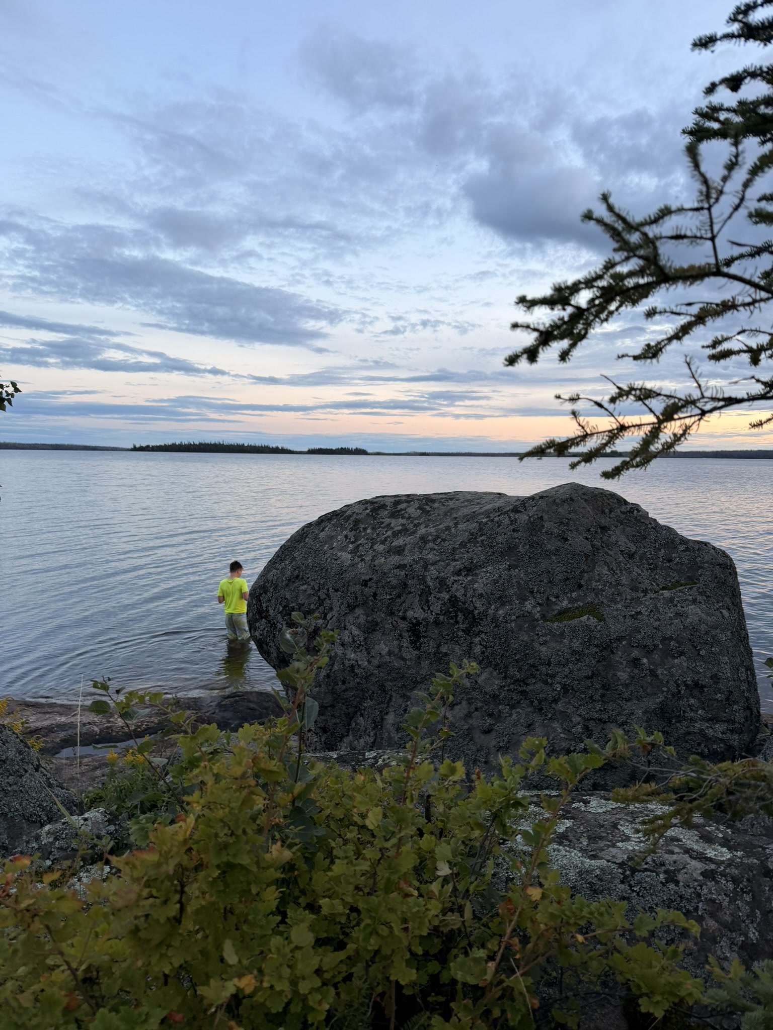 Besnard Lake and the big shoreline rock after Wednesday's rain