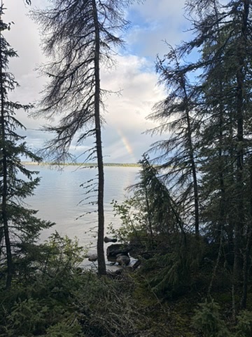 A rainbow over Besnard Lake seen through the trees