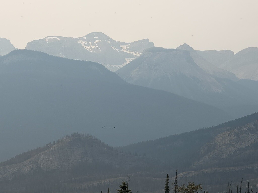 Layered mountain ridges seen while driving through Jasper National Park