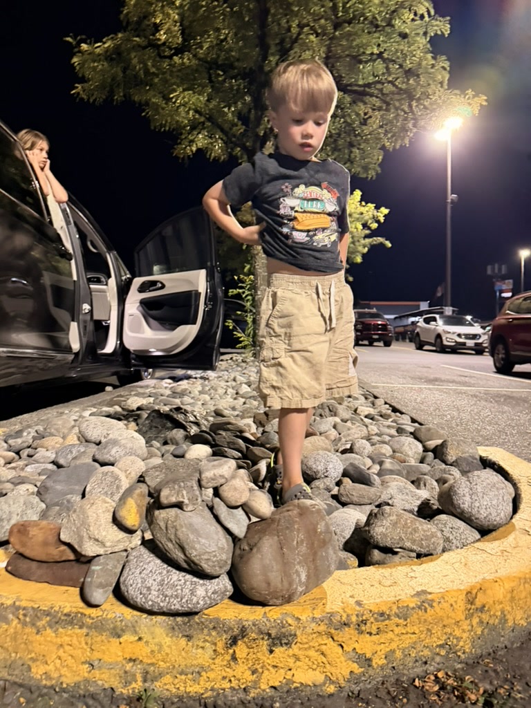 Douglas standing on a landscaped rock bed outside Real Canadian Superstore at night