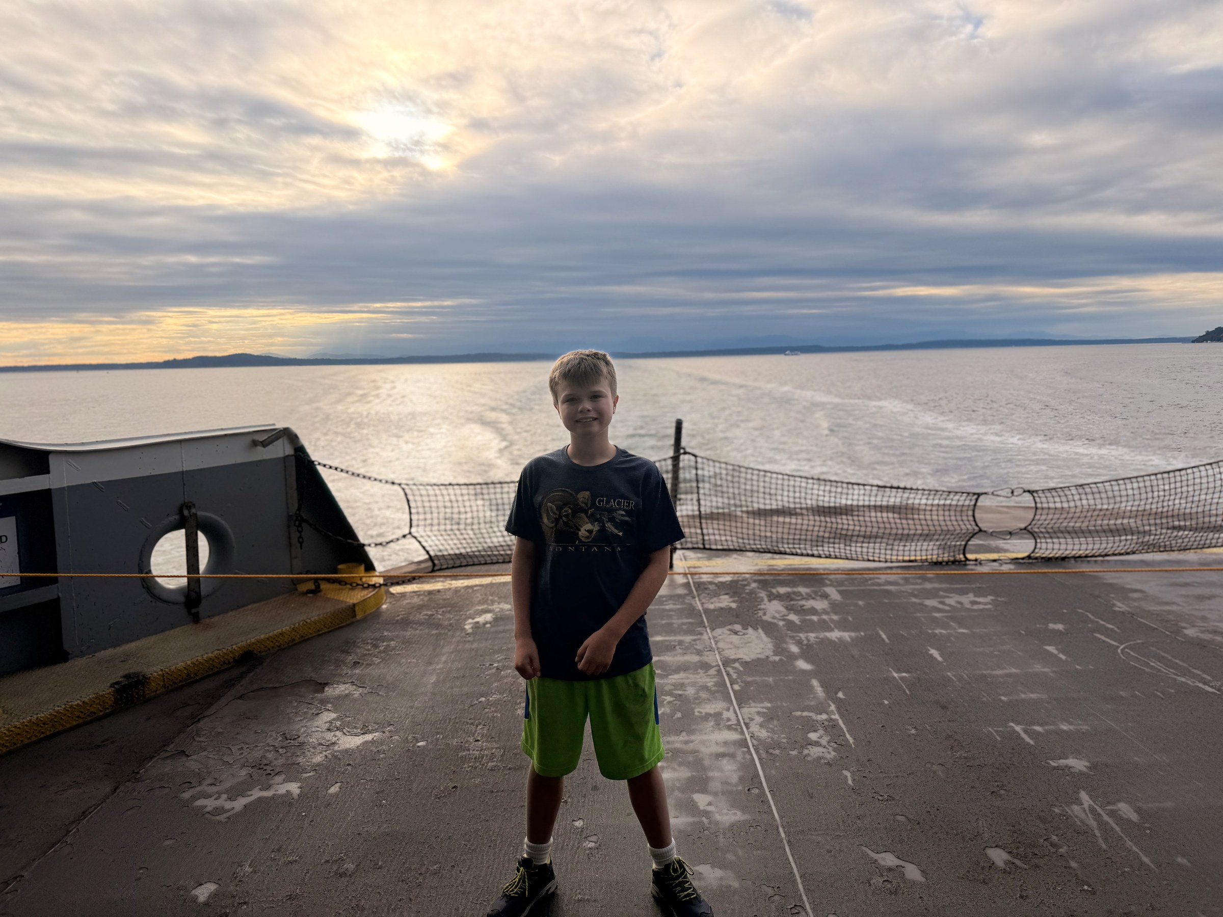 Birch on the ferry deck at sunset during the return to Seattle