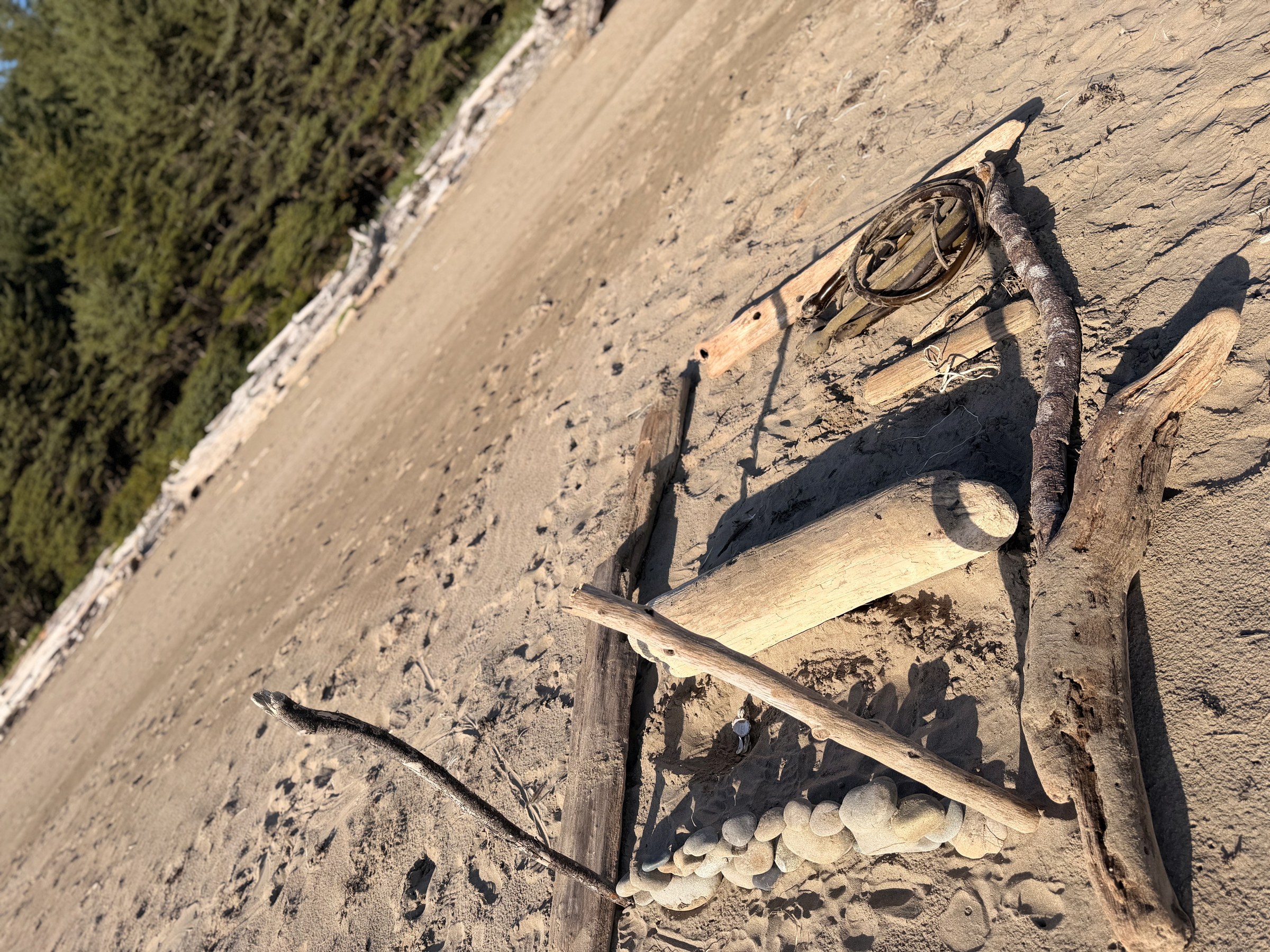 Birch arranging beach objects in his driftwood trading store