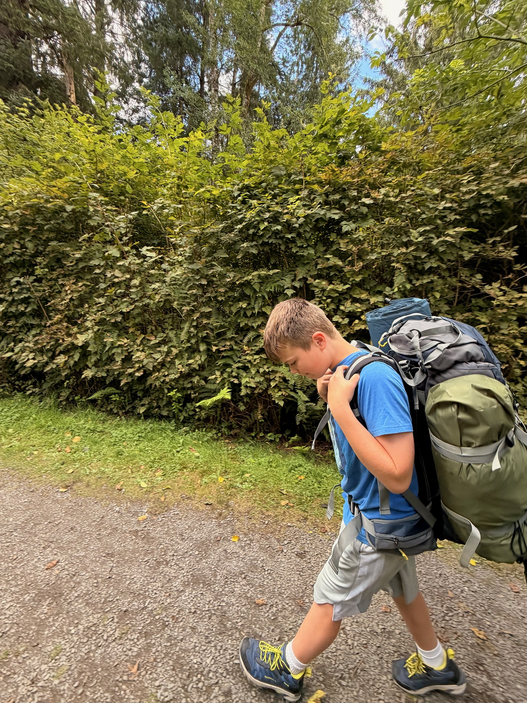 Birch beginning the trail with a large backpack