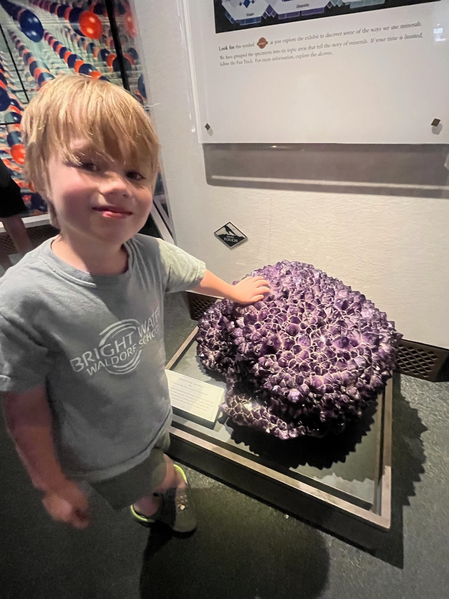Douglas standing beside a large purple mineral specimen