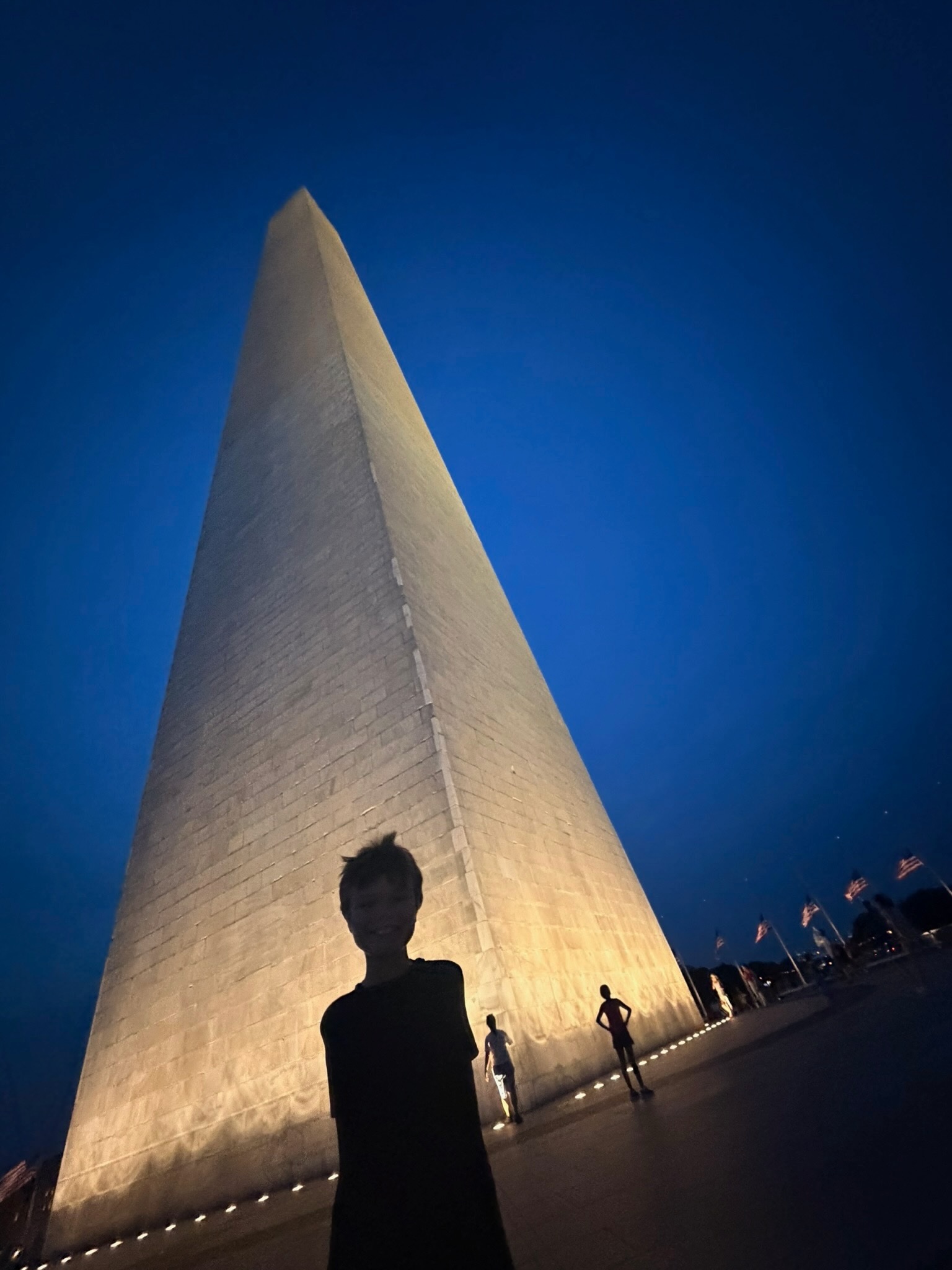 A child silhouetted against the illuminated Washington Monument at night