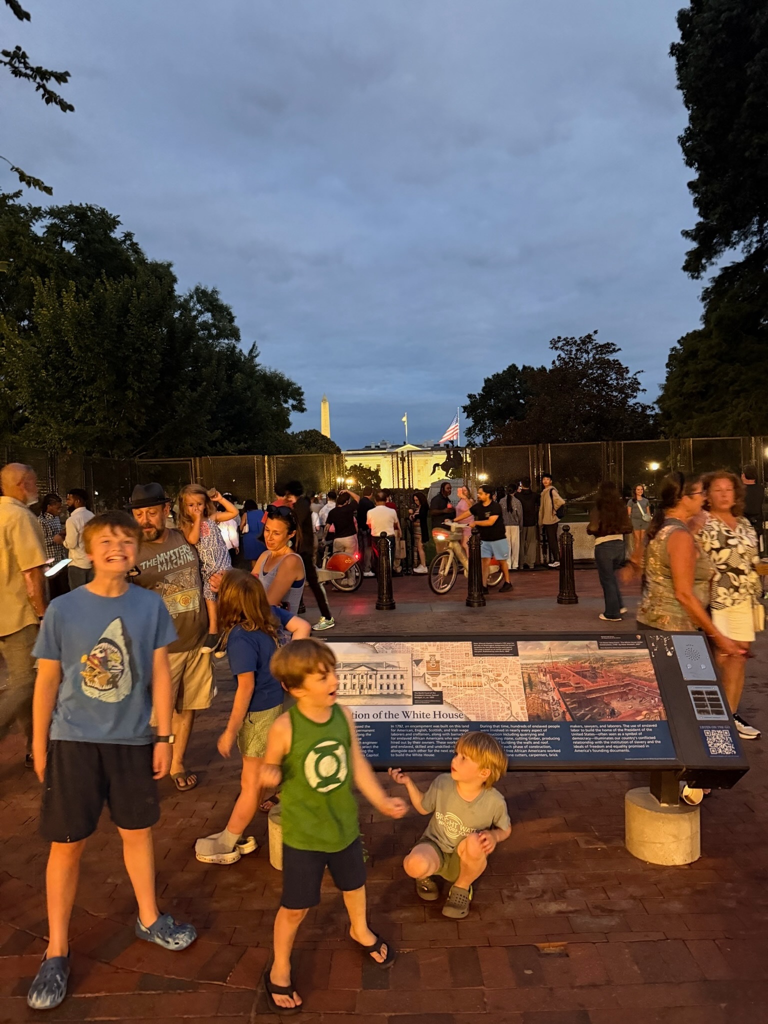 The extended family near Lafayette Square with the White House and Washington Monument behind them